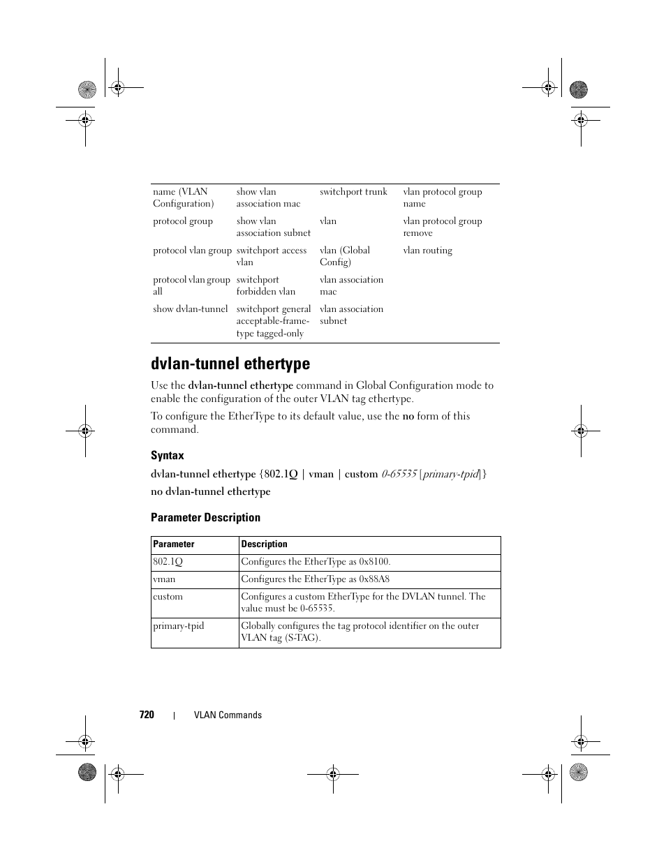 Dvlan-tunnel ethertype, Syntax, Parameter description | Dvlan-tunnel, Ethertype | Dell POWEREDGE M1000E User Manual | Page 720 / 1682