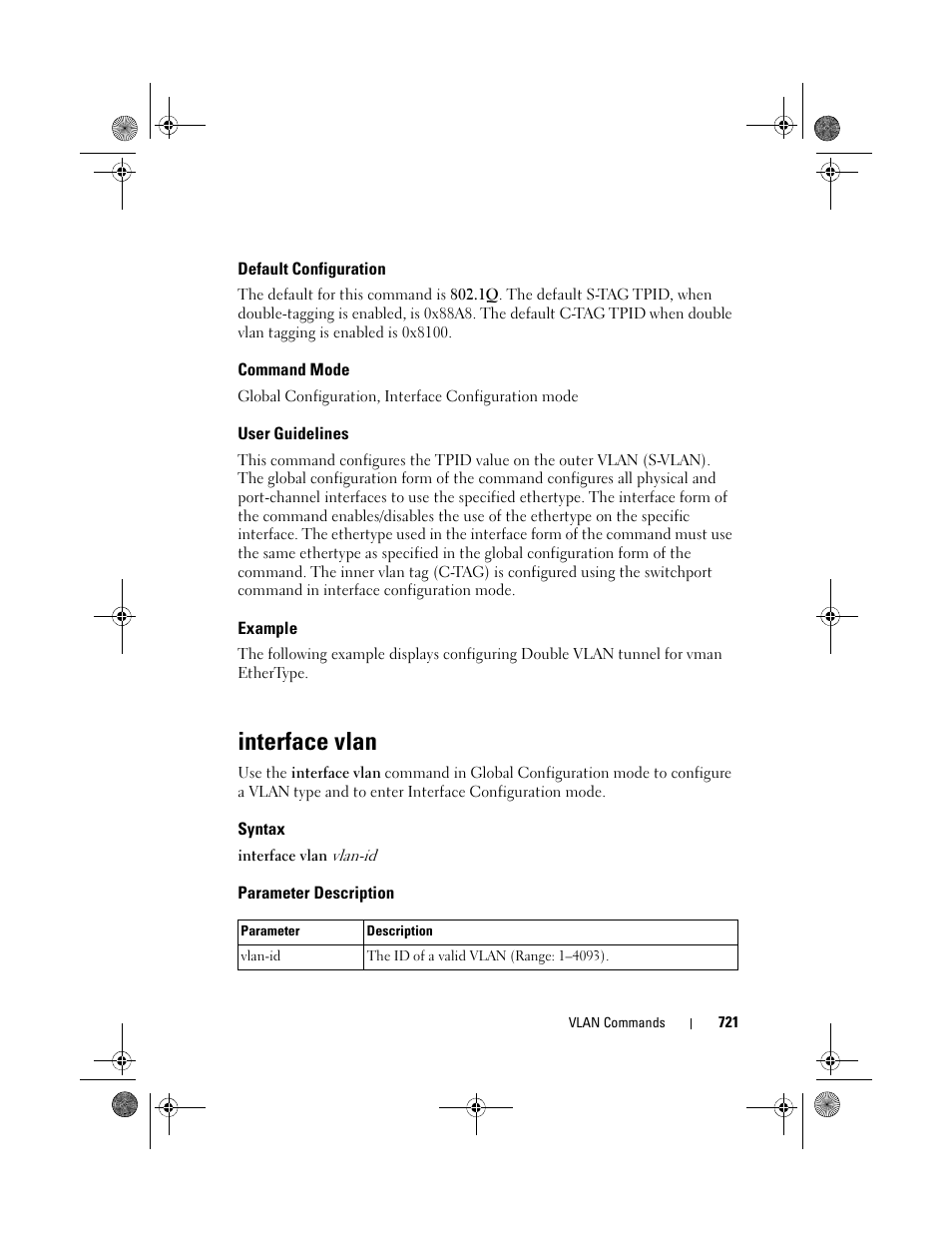 Default configuration, Command mode, User guidelines | Example, Interface vlan, Syntax, Parameter description | Dell POWEREDGE M1000E User Manual | Page 721 / 1682