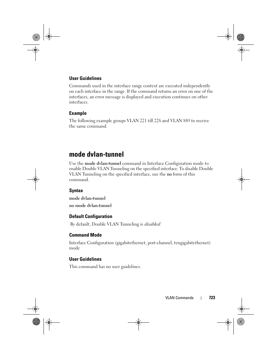 User guidelines, Example, Mode dvlan-tunnel | Syntax, Default configuration, Command mode | Dell POWEREDGE M1000E User Manual | Page 723 / 1682