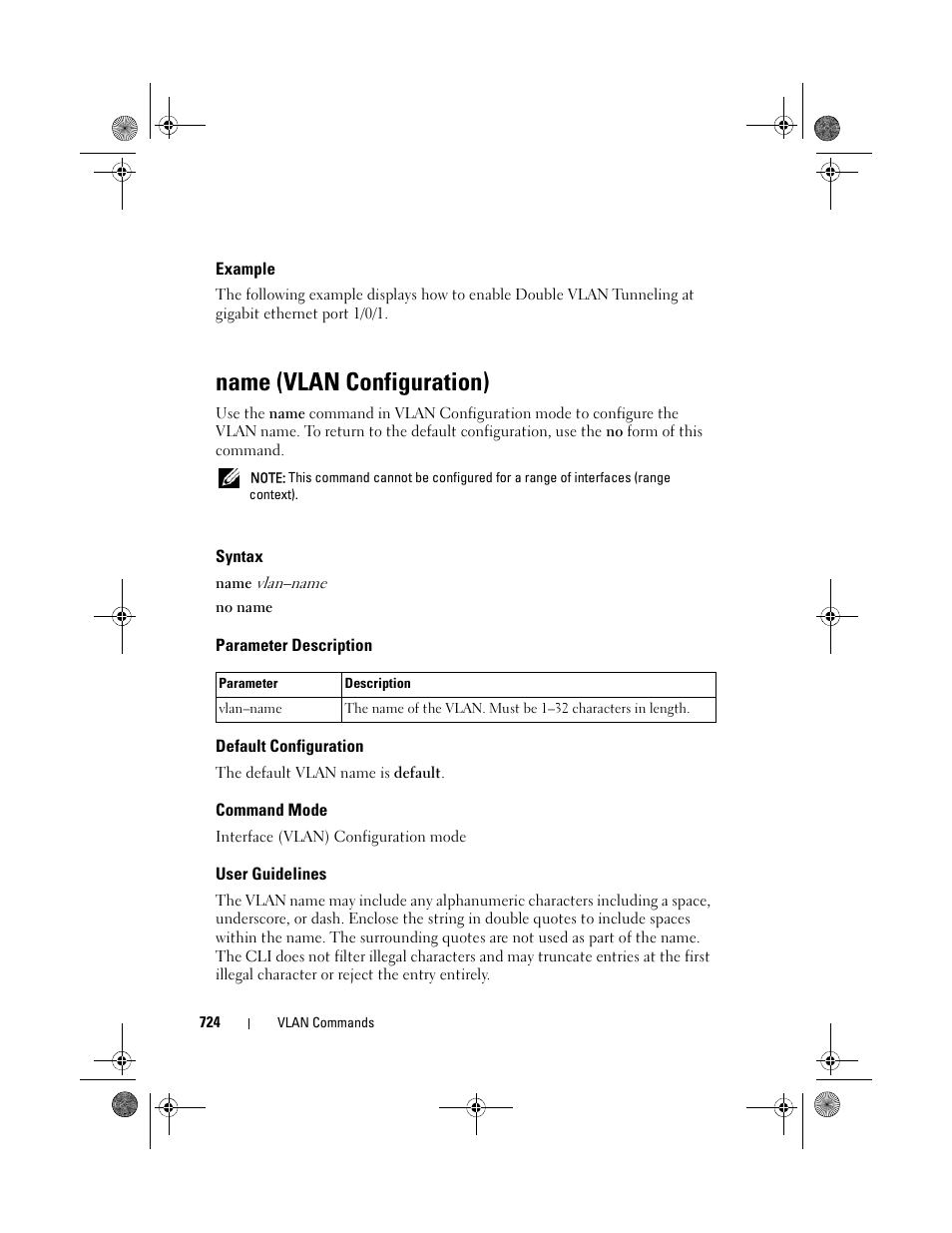 Example, Name (vlan configuration), Syntax | Parameter description, Default configuration, Command mode, User guidelines, Name (vlan, Configuration) | Dell POWEREDGE M1000E User Manual | Page 724 / 1682