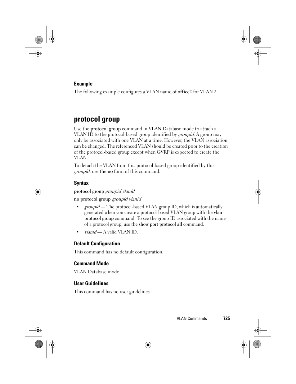 Example, Protocol group, Syntax | Default configuration, Command mode, User guidelines | Dell POWEREDGE M1000E User Manual | Page 725 / 1682