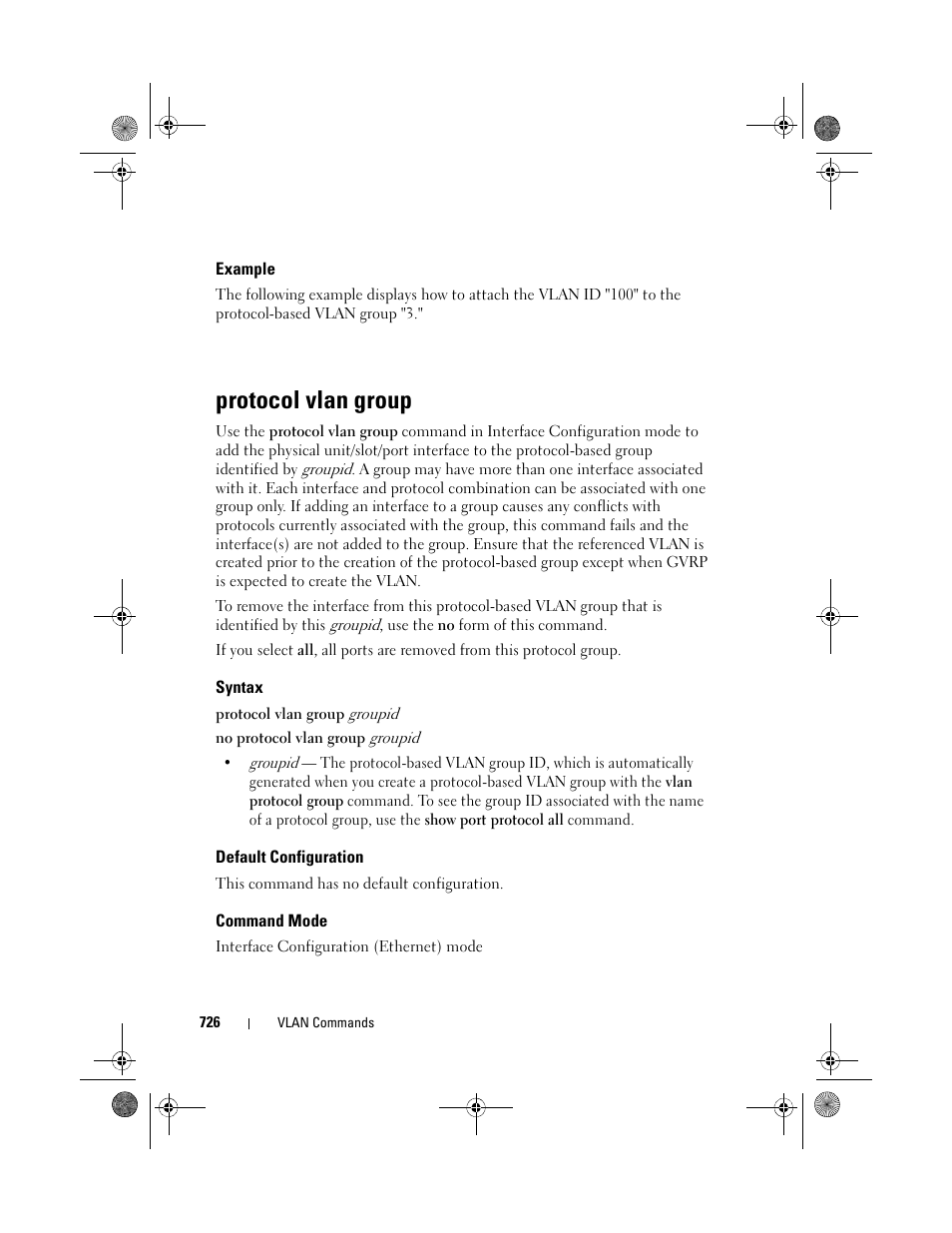 Example, Protocol vlan group, Syntax | Default configuration, Command mode | Dell POWEREDGE M1000E User Manual | Page 726 / 1682