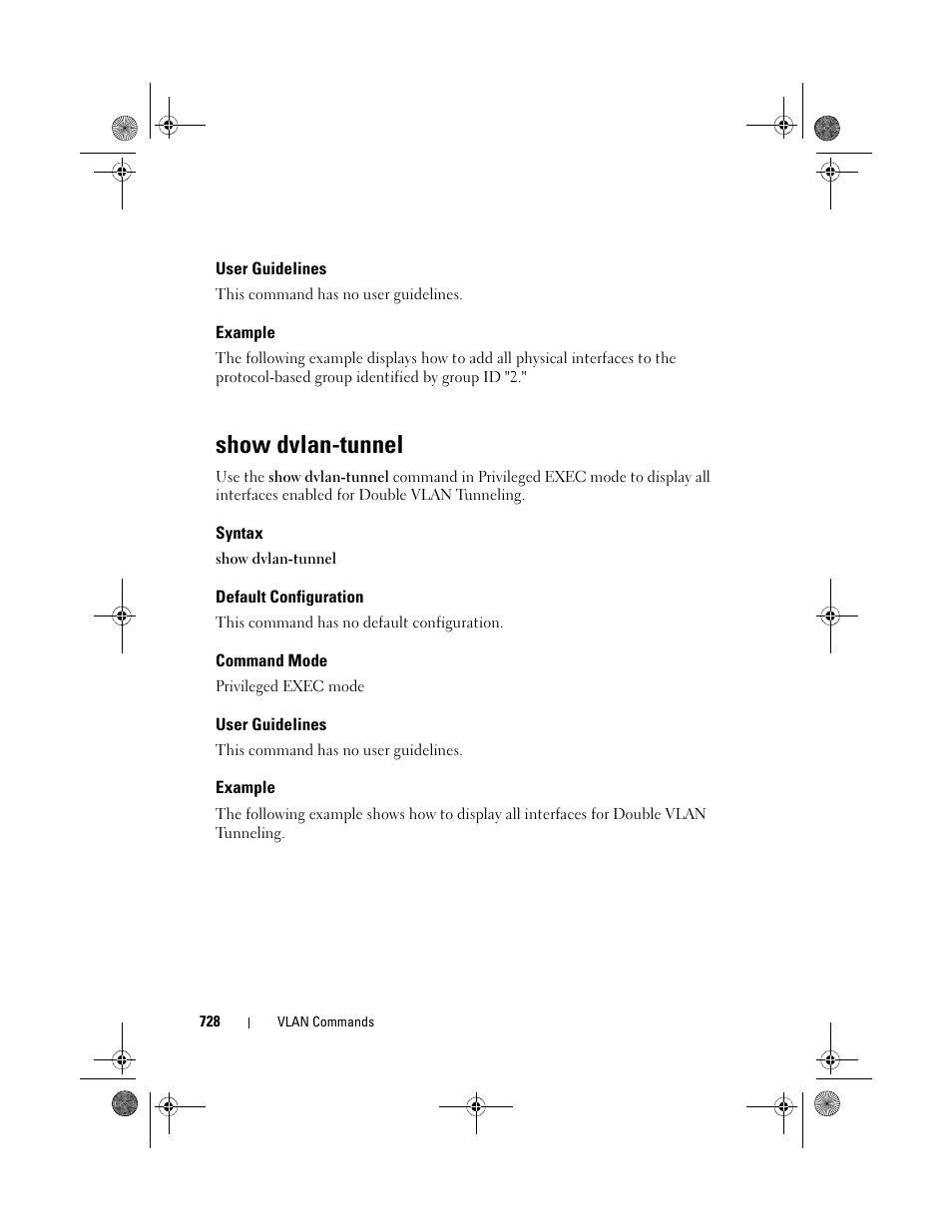 User guidelines, Example, Show dvlan-tunnel | Syntax, Default configuration, Command mode | Dell POWEREDGE M1000E User Manual | Page 728 / 1682