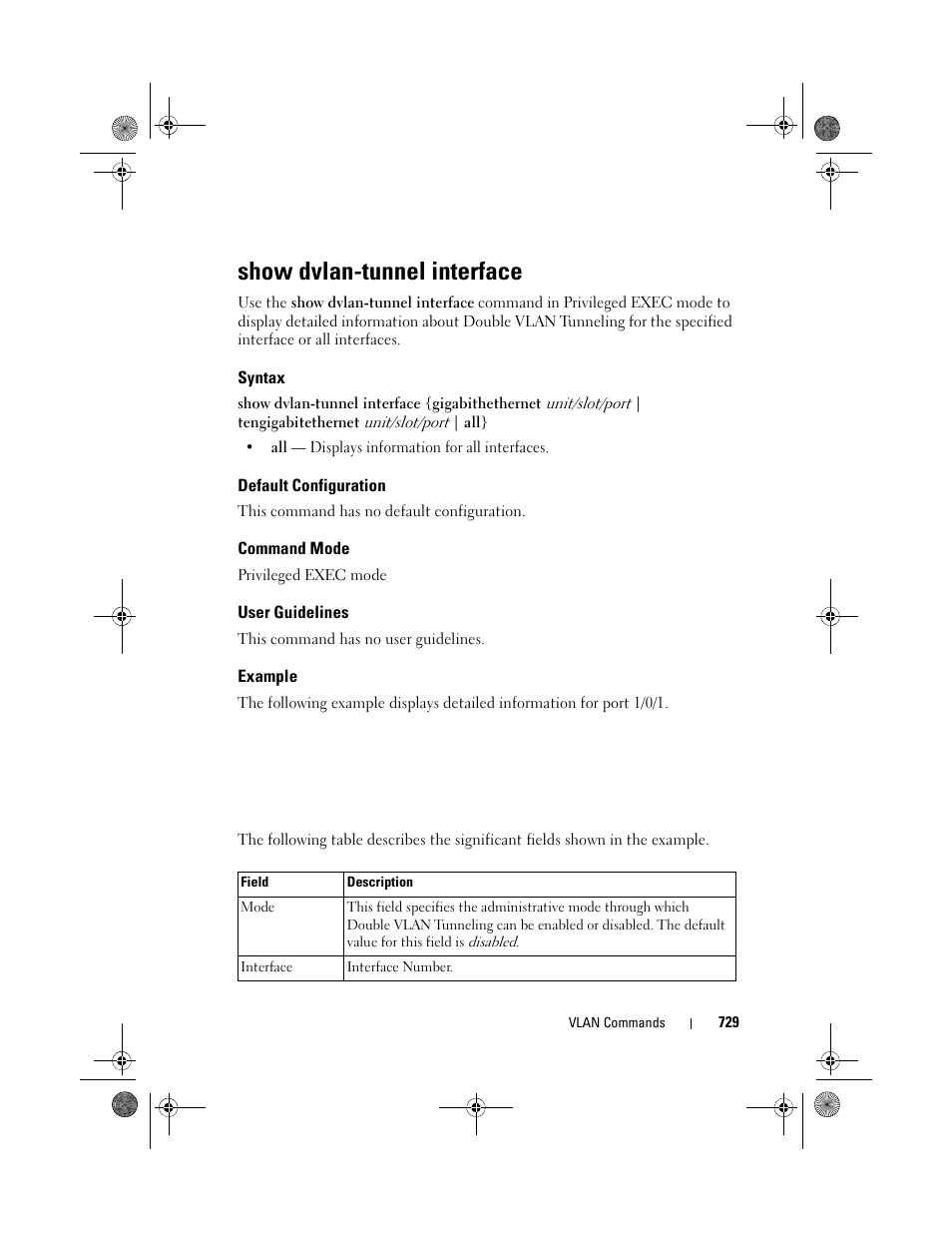 Show dvlan-tunnel interface, Syntax, Default configuration | Command mode, User guidelines, Example, Show dvlan-tunnel, Interface | Dell POWEREDGE M1000E User Manual | Page 729 / 1682