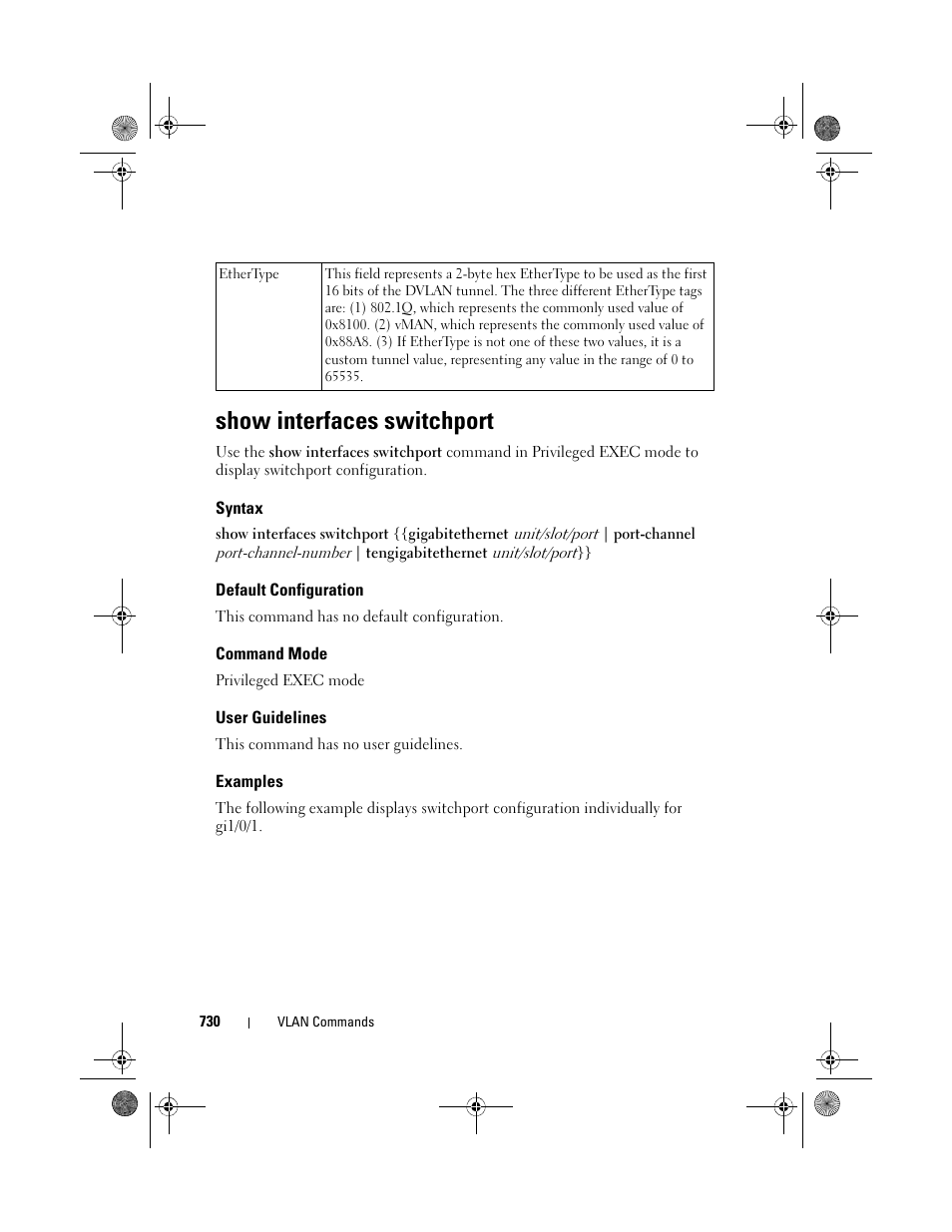 Show interfaces switchport, Syntax, Default configuration | Command mode, User guidelines, Examples, Show interfaces, Switchport | Dell POWEREDGE M1000E User Manual | Page 730 / 1682