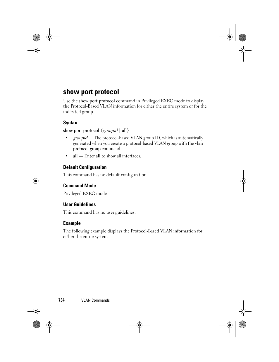 Show port protocol, Syntax, Default configuration | Command mode, User guidelines, Example | Dell POWEREDGE M1000E User Manual | Page 734 / 1682