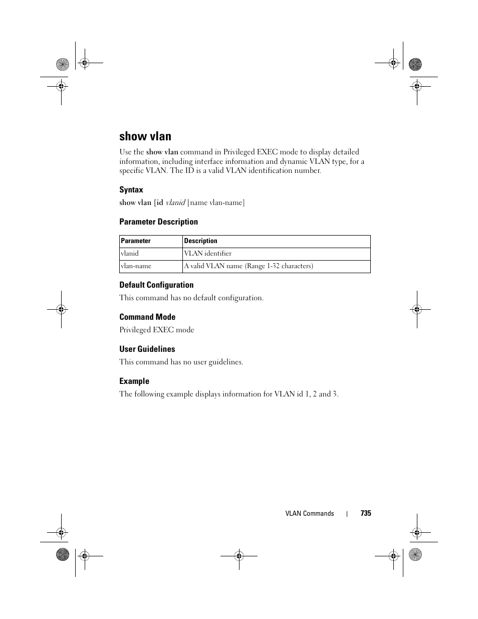 Show vlan, Syntax, Parameter description | Default configuration, Command mode, User guidelines, Example | Dell POWEREDGE M1000E User Manual | Page 735 / 1682