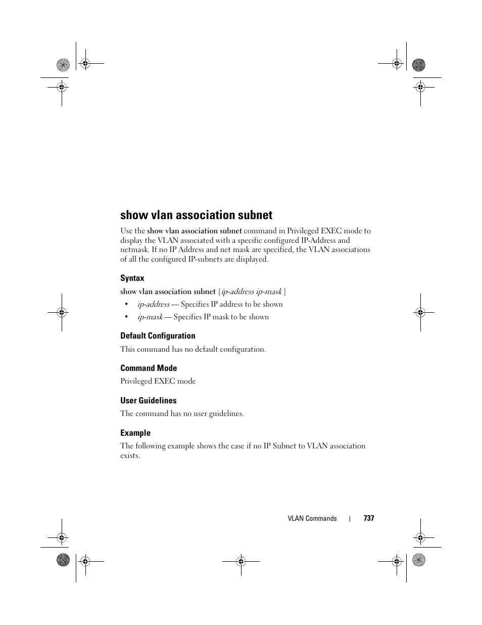 Show vlan association subnet, Syntax, Default configuration | Command mode, User guidelines, Example, Show vlan, Association subnet | Dell POWEREDGE M1000E User Manual | Page 737 / 1682