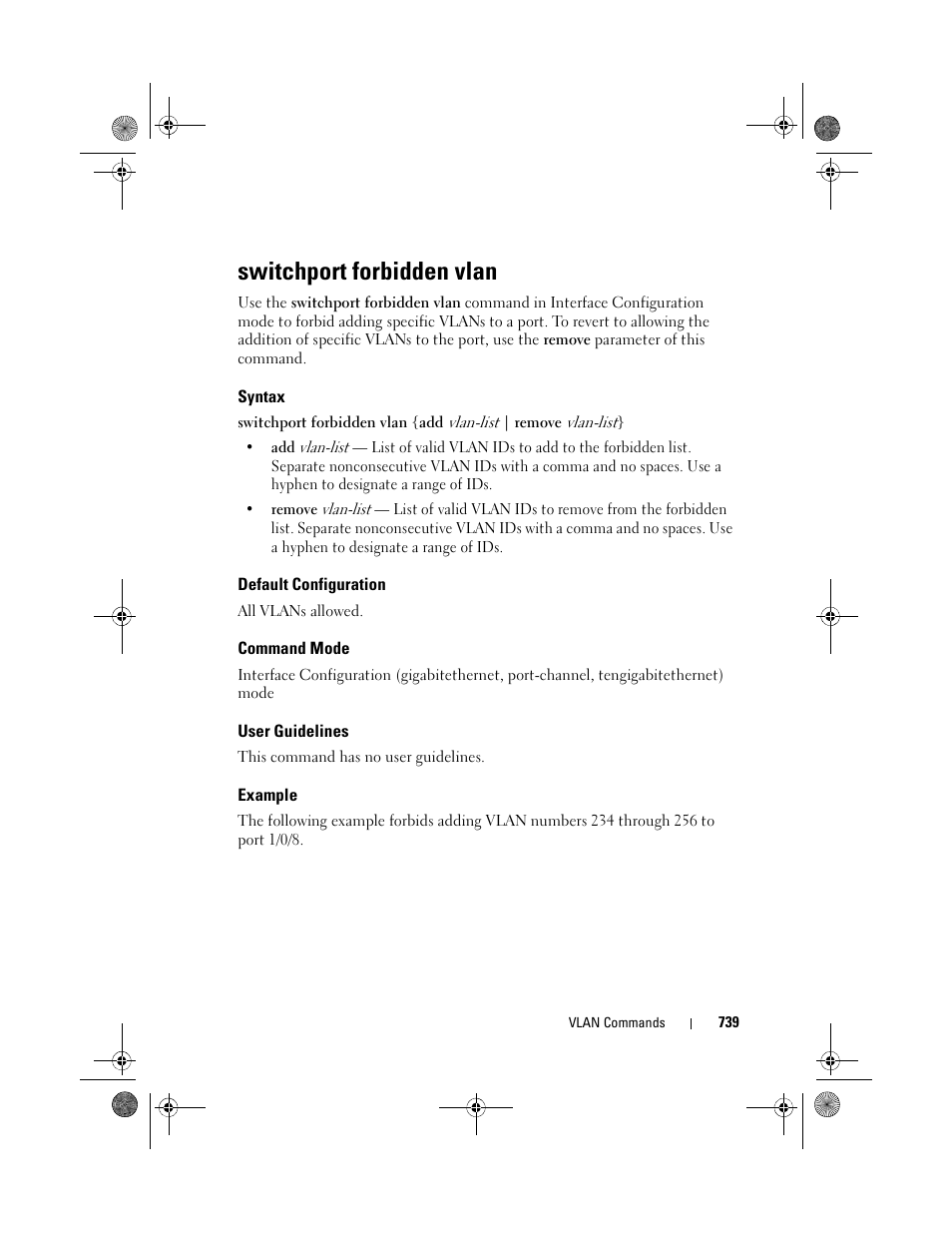 Switchport forbidden vlan, Syntax, Default configuration | Command mode, User guidelines, Example, Switchport, Forbidden vlan | Dell POWEREDGE M1000E User Manual | Page 739 / 1682