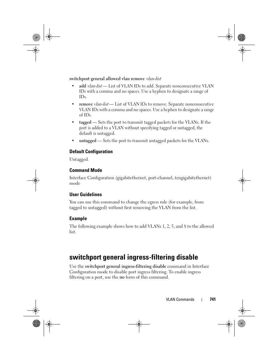 Default configuration, Command mode, User guidelines | Example, Switchport general ingress-filtering disable, Switchport general, Ingress-filtering, Disable | Dell POWEREDGE M1000E User Manual | Page 741 / 1682