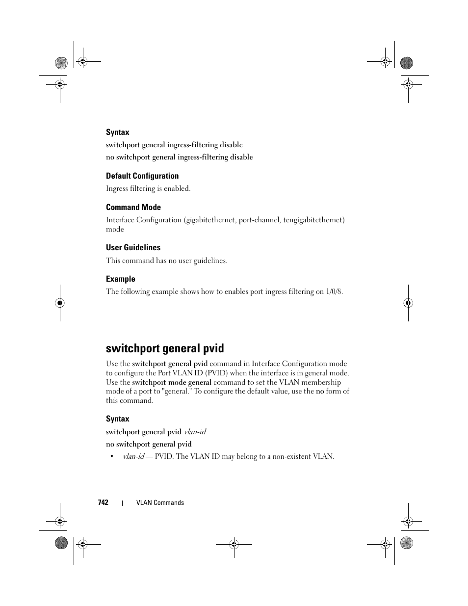 Syntax, Default configuration, Command mode | User guidelines, Example, Switchport general pvid, Switchport general, Pvid | Dell POWEREDGE M1000E User Manual | Page 742 / 1682