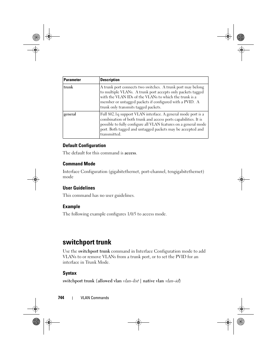 Default configuration, Command mode, User guidelines | Example, Switchport trunk, Syntax | Dell POWEREDGE M1000E User Manual | Page 744 / 1682