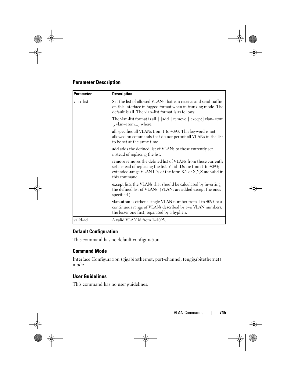 Parameter description, Default configuration, Command mode | User guidelines | Dell POWEREDGE M1000E User Manual | Page 745 / 1682