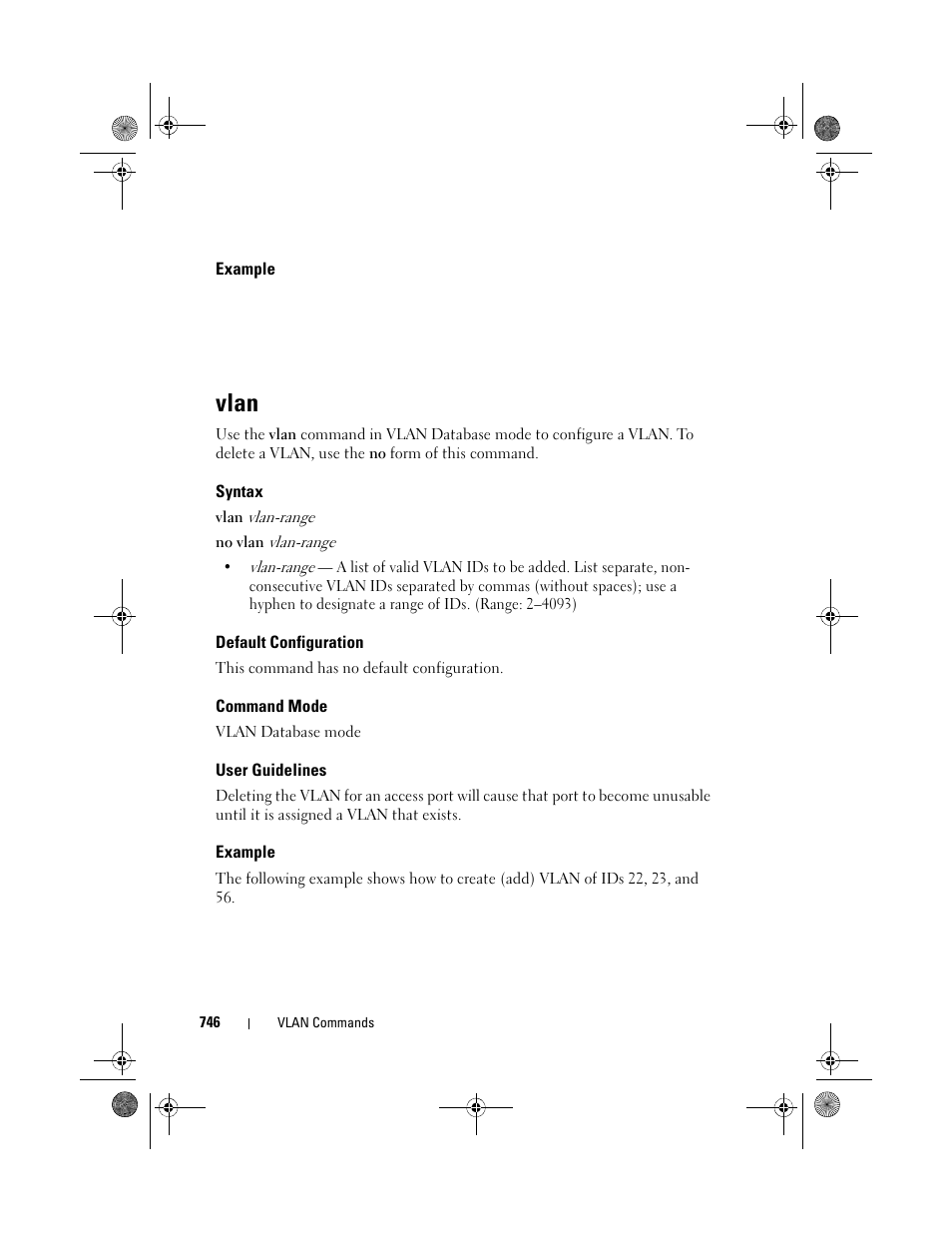 Example, Vlan, Syntax | Default configuration, Command mode, User guidelines | Dell POWEREDGE M1000E User Manual | Page 746 / 1682