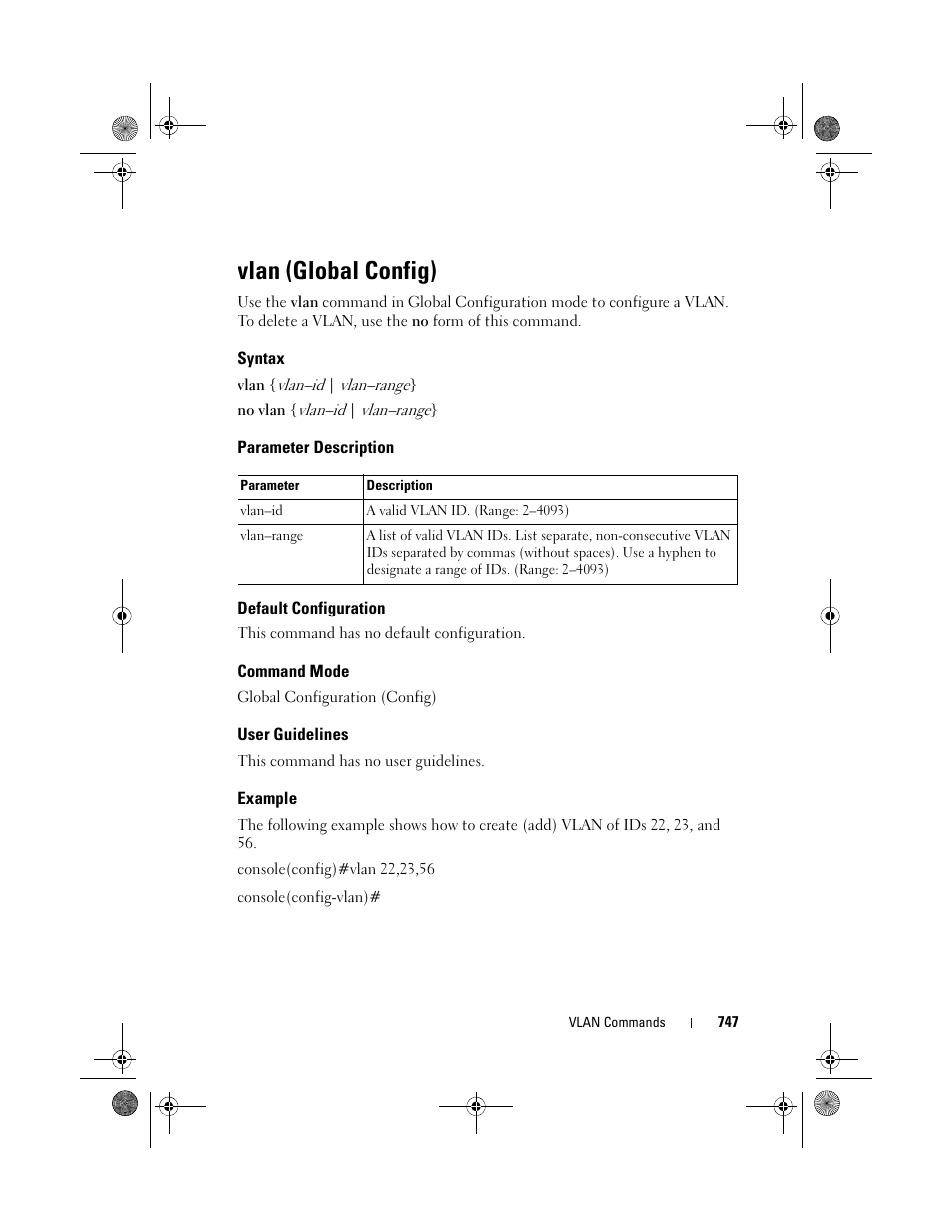 Vlan (global config), Syntax, Parameter description | Default configuration, Command mode, User guidelines, Example, Vlan (global, Config) | Dell POWEREDGE M1000E User Manual | Page 747 / 1682