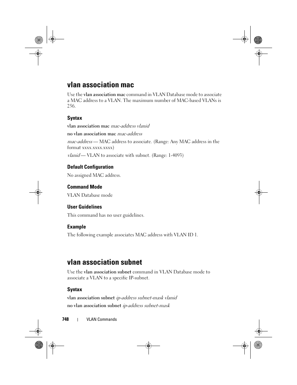 Vlan association mac, Syntax, Default configuration | Command mode, User guidelines, Example, Vlan association subnet, Vlan association, Subnet | Dell POWEREDGE M1000E User Manual | Page 748 / 1682