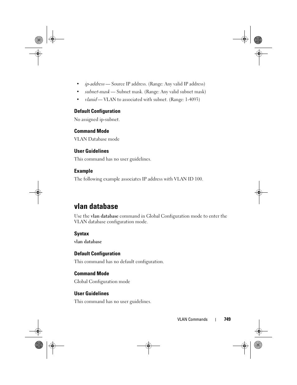 Default configuration, Command mode, User guidelines | Example, Vlan database, Syntax | Dell POWEREDGE M1000E User Manual | Page 749 / 1682