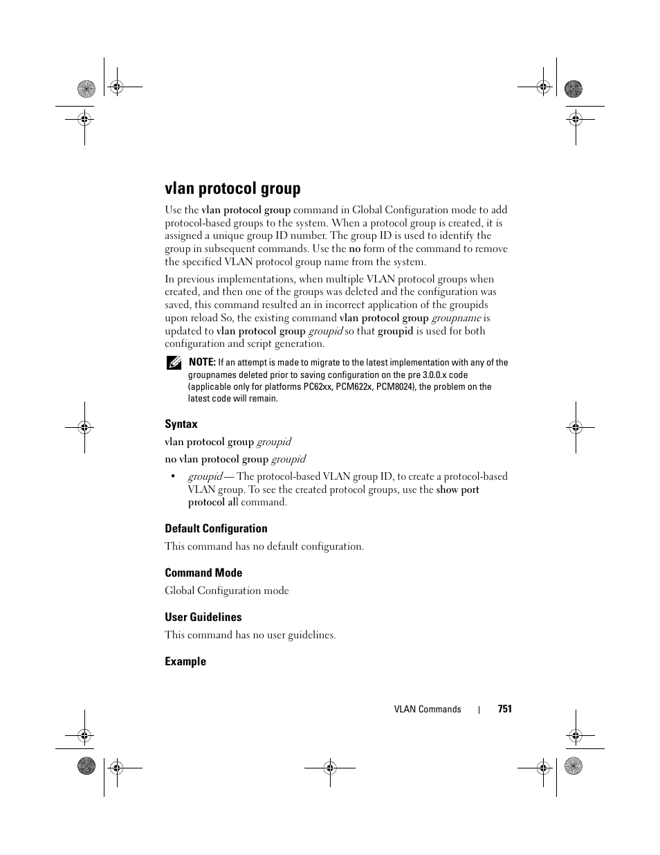 Vlan protocol group, Syntax, Default configuration | Command mode, User guidelines, Example | Dell POWEREDGE M1000E User Manual | Page 751 / 1682