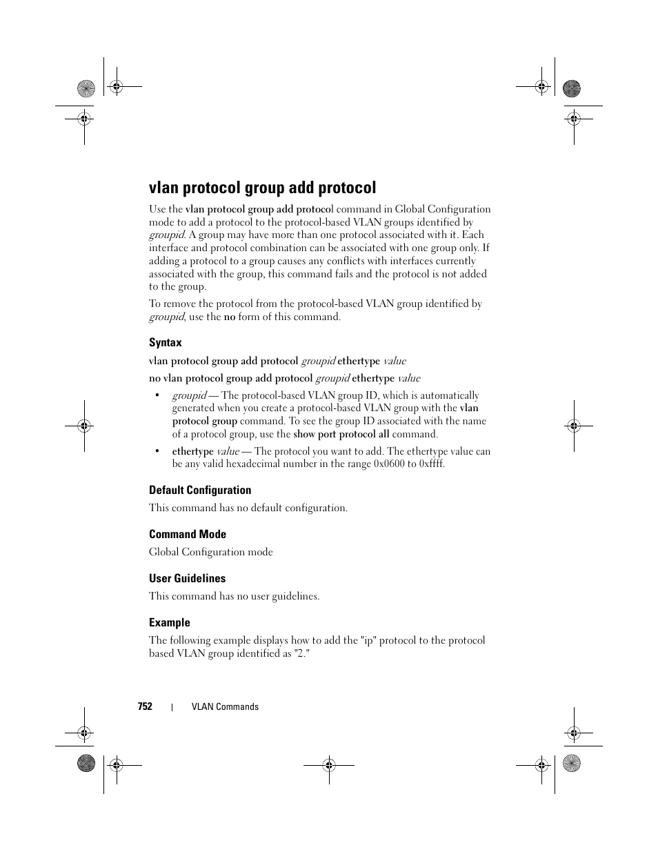 Vlan protocol group add protocol, Syntax, Default configuration | Command mode, User guidelines, Example, Vlan protocol group, Add protocol | Dell POWEREDGE M1000E User Manual | Page 752 / 1682