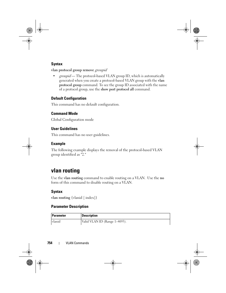 Syntax, Default configuration, Command mode | User guidelines, Example, Vlan routing, Parameter description | Dell POWEREDGE M1000E User Manual | Page 754 / 1682