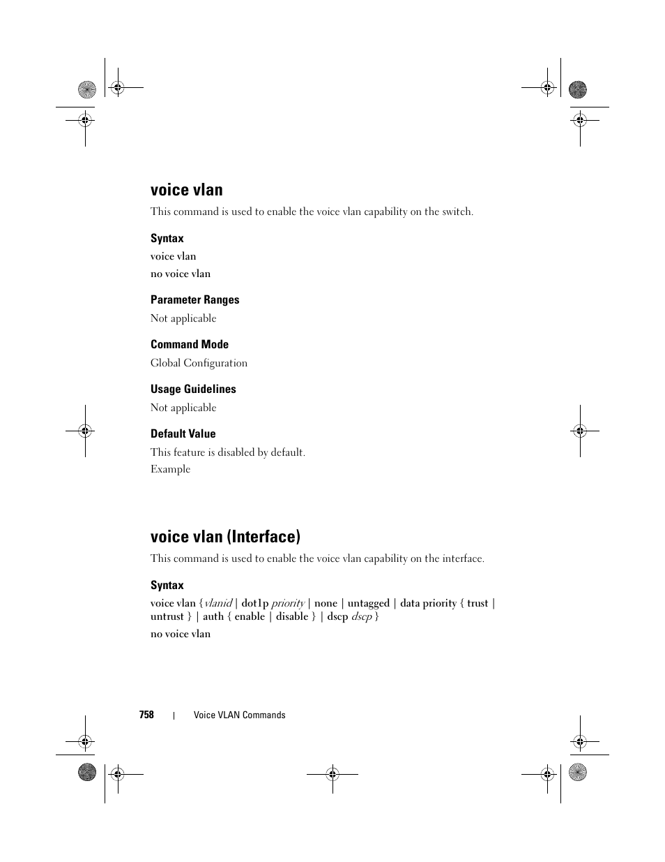 Voice vlan, Syntax, Parameter ranges | Command mode, Usage guidelines, Default value, Voice vlan (interface) | Dell POWEREDGE M1000E User Manual | Page 758 / 1682