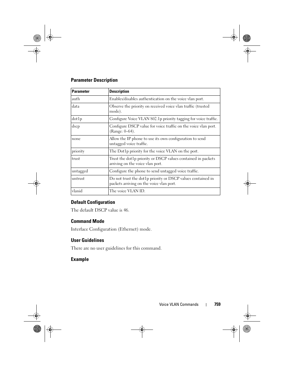 Parameter description, Default configuration, Command mode | User guidelines, Example | Dell POWEREDGE M1000E User Manual | Page 759 / 1682