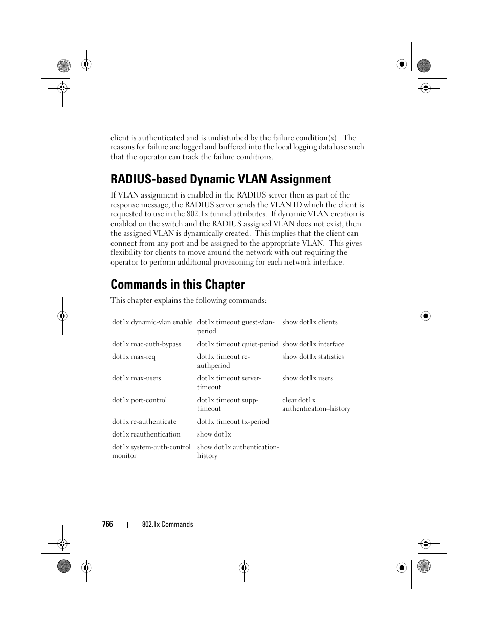 Radius-based dynamic vlan assignment, Commands in this chapter | Dell POWEREDGE M1000E User Manual | Page 766 / 1682