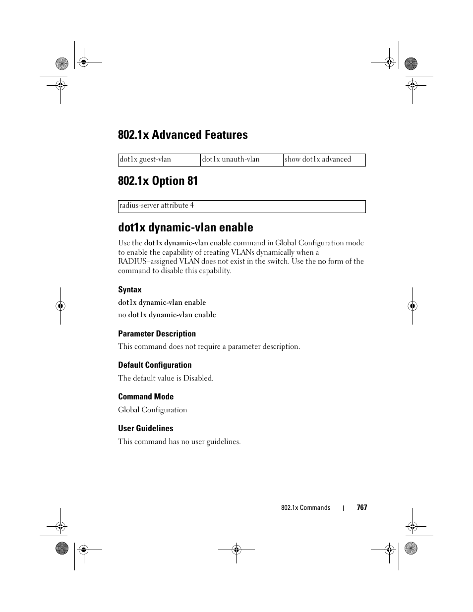 Dot1x dynamic-vlan enable, Syntax, Parameter description | Default configuration, Command mode, User guidelines | Dell POWEREDGE M1000E User Manual | Page 767 / 1682