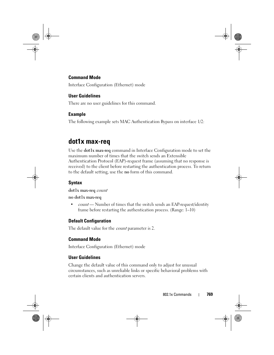 Command mode, User guidelines, Example | Dot1x max-req, Syntax, Default configuration | Dell POWEREDGE M1000E User Manual | Page 769 / 1682