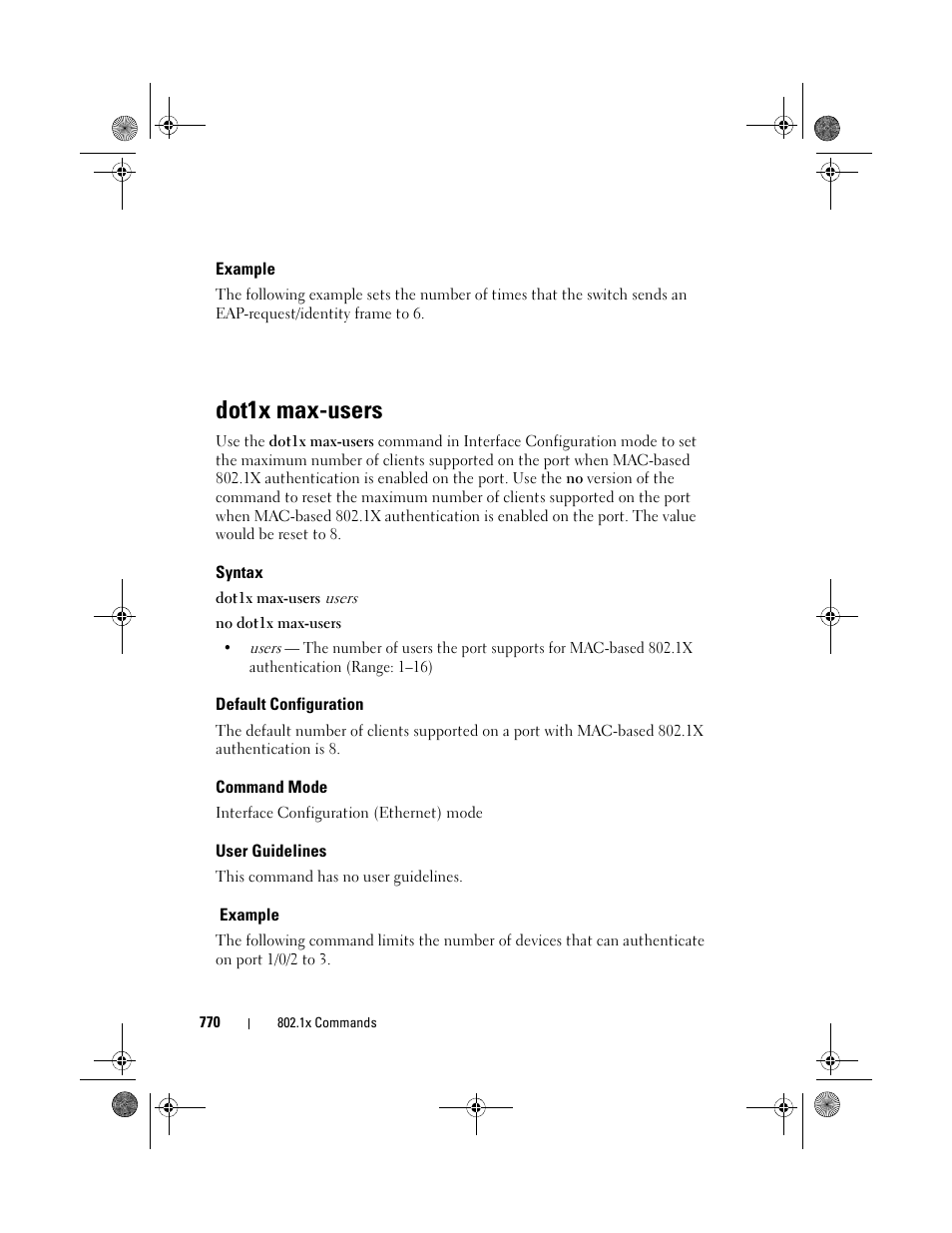 Example, Dot1x max-users, Syntax | Default configuration, Command mode, User guidelines | Dell POWEREDGE M1000E User Manual | Page 770 / 1682