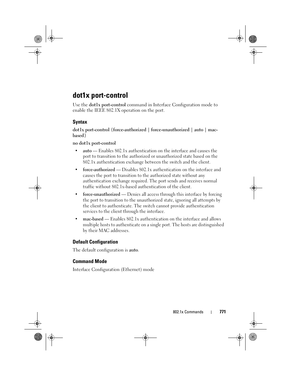 Dot1x port-control, Syntax, Default configuration | Command mode | Dell POWEREDGE M1000E User Manual | Page 771 / 1682