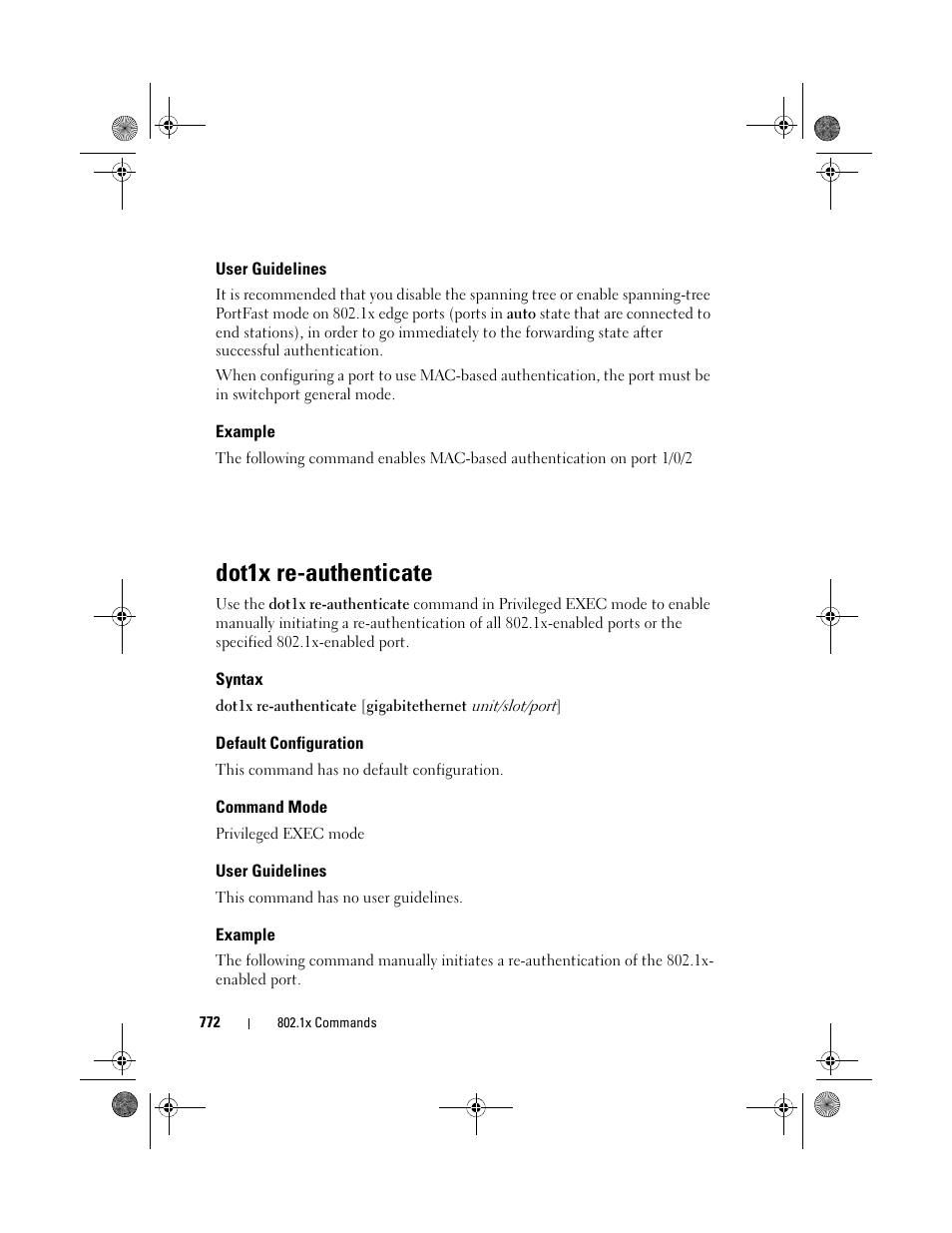 User guidelines, Example, Dot1x re-authenticate | Syntax, Default configuration, Command mode | Dell POWEREDGE M1000E User Manual | Page 772 / 1682