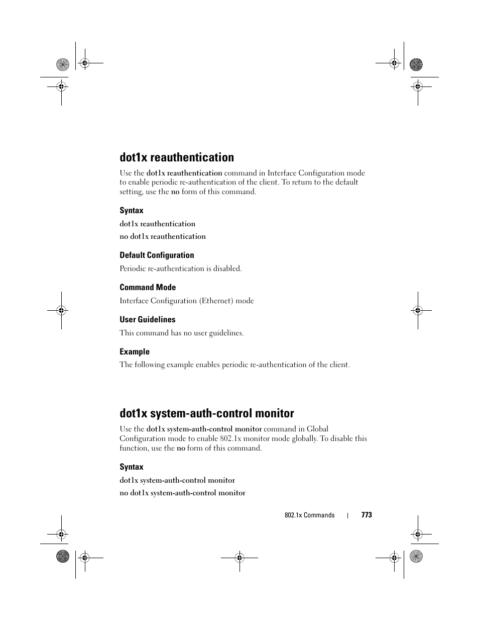 Dot1x reauthentication, Syntax, Default configuration | Command mode, User guidelines, Example, Dot1x system-auth-control monitor, Dot1x system-auth-control, Monitor | Dell POWEREDGE M1000E User Manual | Page 773 / 1682