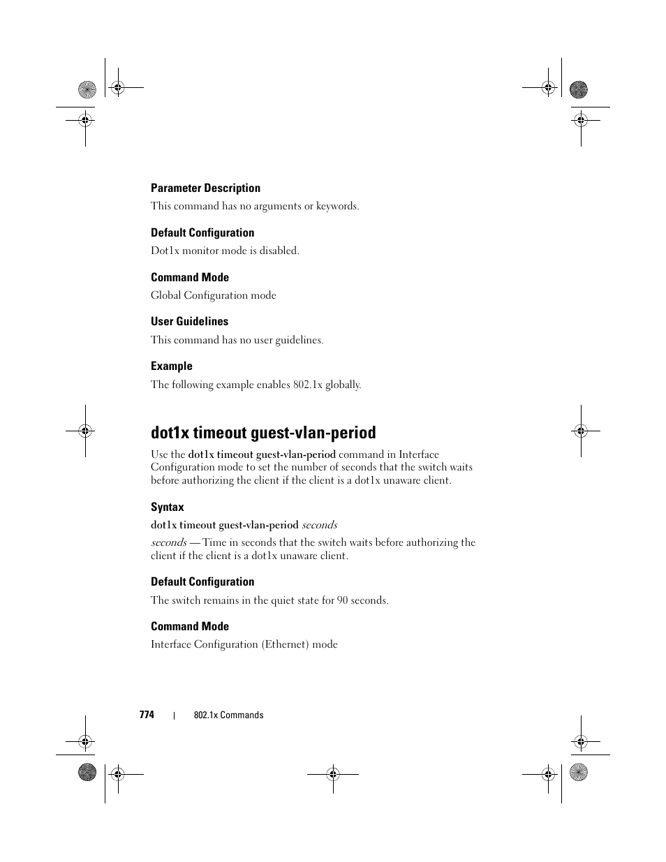 Parameter description, Default configuration, Command mode | User guidelines, Example, Dot1x timeout guest-vlan-period, Syntax, Dot1x timeout guest-vlan, Period | Dell POWEREDGE M1000E User Manual | Page 774 / 1682