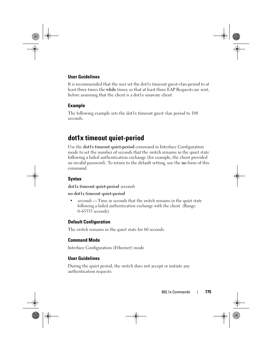 User guidelines, Example, Dot1x timeout quiet-period | Syntax, Default configuration, Command mode | Dell POWEREDGE M1000E User Manual | Page 775 / 1682