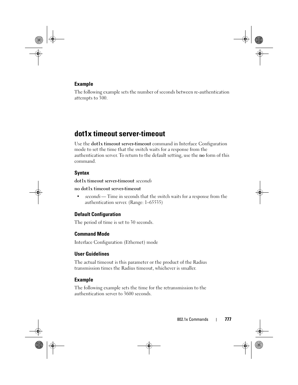 Example, Dot1x timeout server-timeout, Syntax | Default configuration, Command mode, User guidelines, Dot1x timeout server, Timeout | Dell POWEREDGE M1000E User Manual | Page 777 / 1682