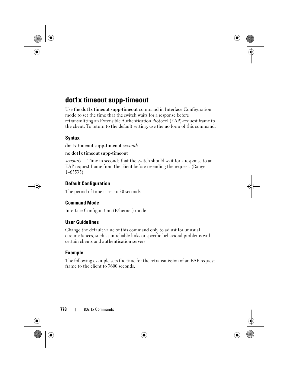 Dot1x timeout supp-timeout, Syntax, Default configuration | Command mode, User guidelines, Example, Dot1x timeout supp, Timeout | Dell POWEREDGE M1000E User Manual | Page 778 / 1682