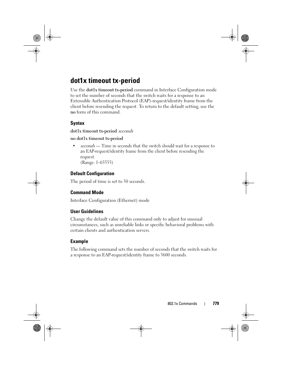 Dot1x timeout tx-period, Syntax, Default configuration | Command mode, User guidelines, Example | Dell POWEREDGE M1000E User Manual | Page 779 / 1682