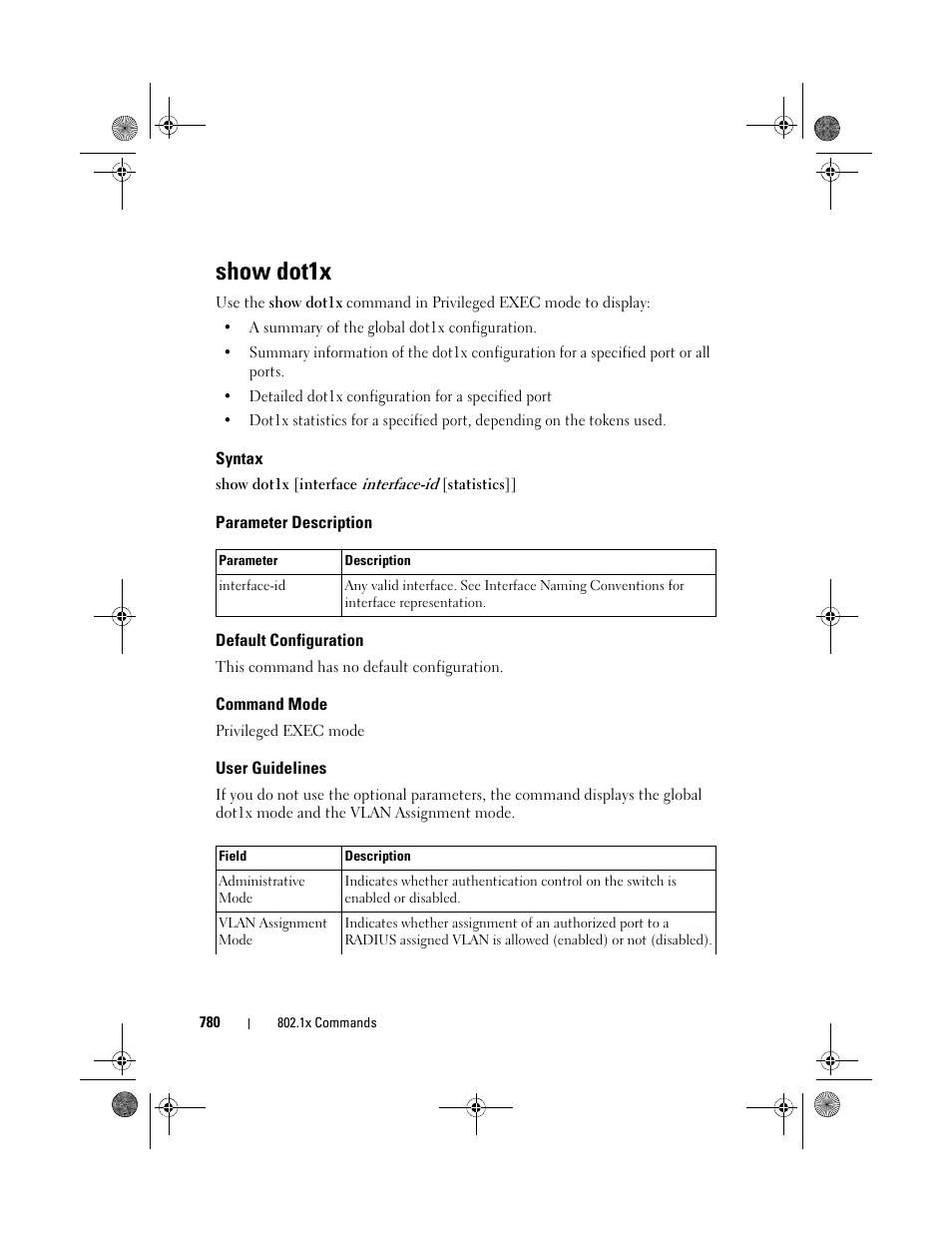 Show dot1x, Syntax, Parameter description | Default configuration, Command mode, User guidelines | Dell POWEREDGE M1000E User Manual | Page 780 / 1682