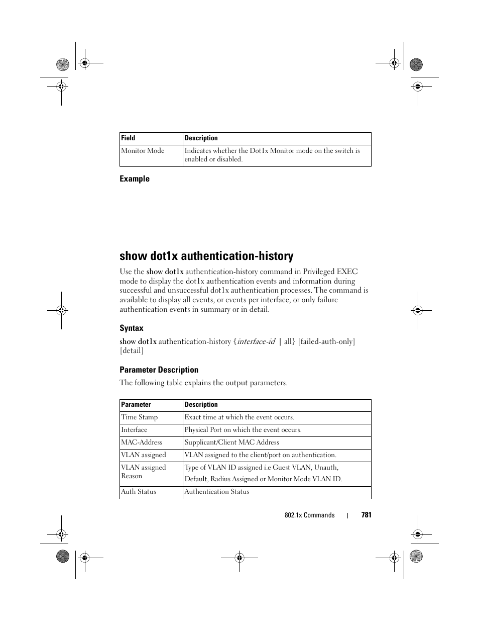 Example, Show dot1x authentication-history, Syntax | Parameter description, Show dot1x authentication, History | Dell POWEREDGE M1000E User Manual | Page 781 / 1682