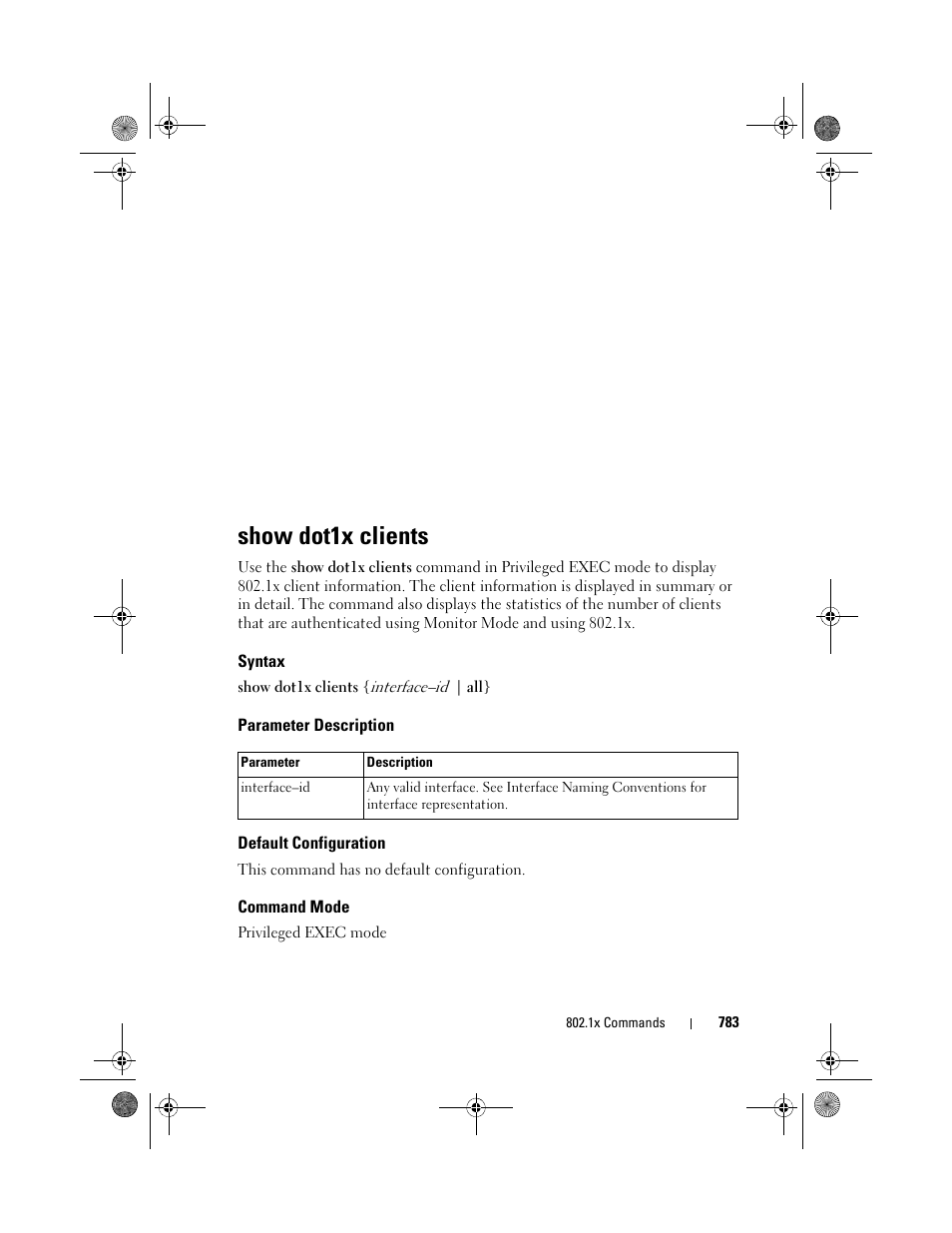 Show dot1x clients, Syntax, Parameter description | Default configuration, Command mode | Dell POWEREDGE M1000E User Manual | Page 783 / 1682