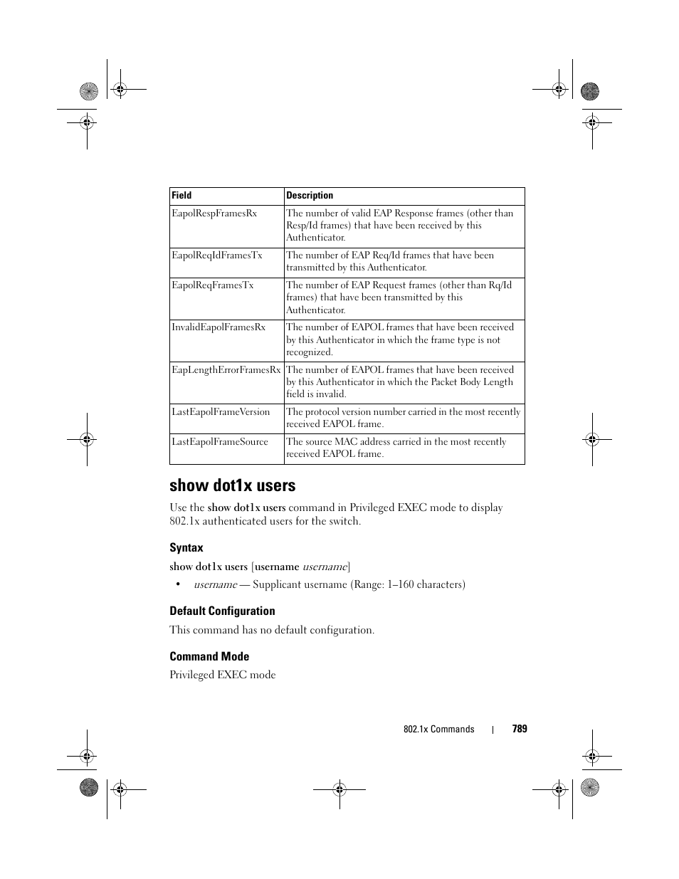 Show dot1x users, Syntax, Default configuration | Command mode | Dell POWEREDGE M1000E User Manual | Page 789 / 1682