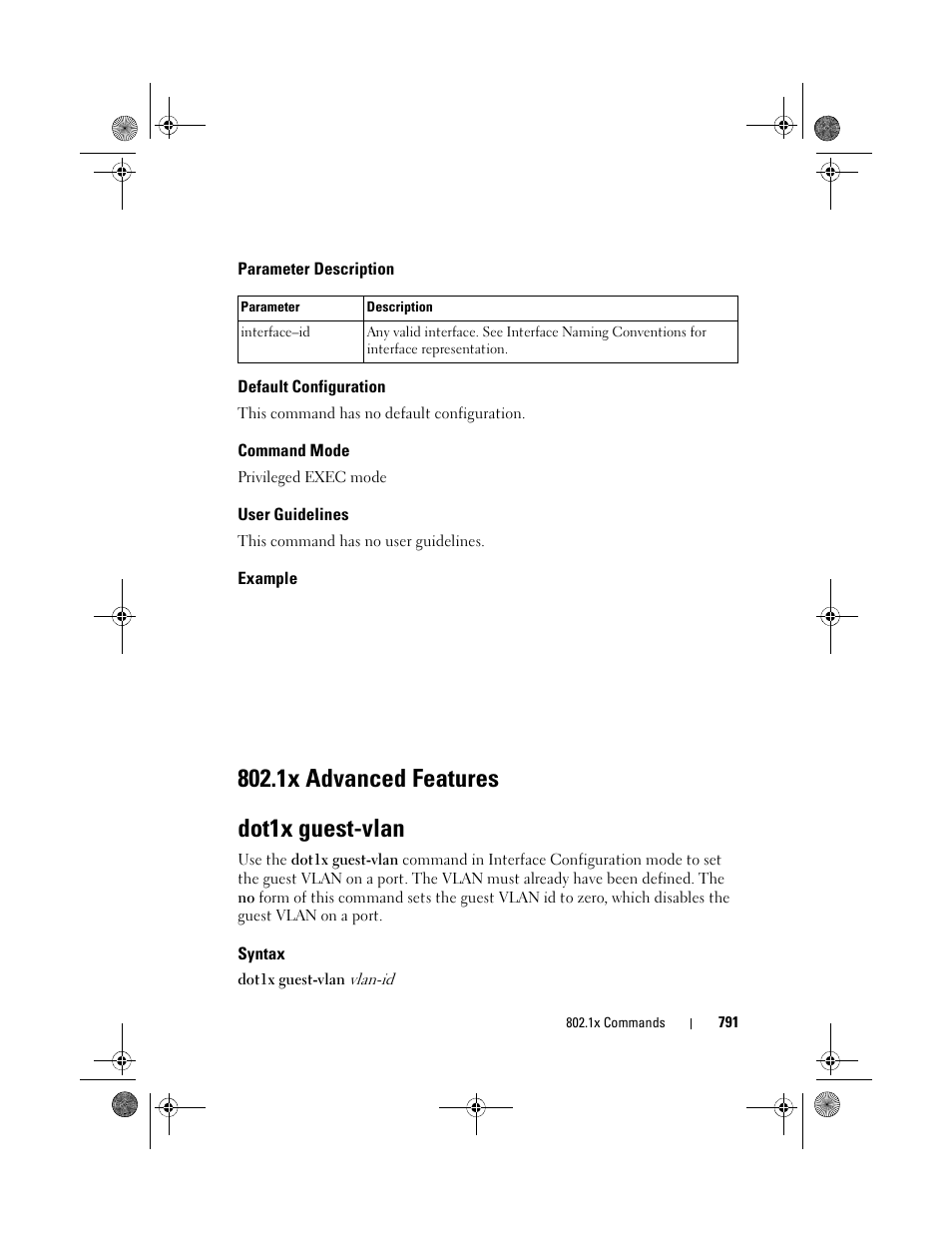 Parameter description, Default configuration, Command mode | User guidelines, Example, Dot1x guest-vlan, Syntax, 1x advanced features, 1x advanced features dot1x guest-vlan | Dell POWEREDGE M1000E User Manual | Page 791 / 1682