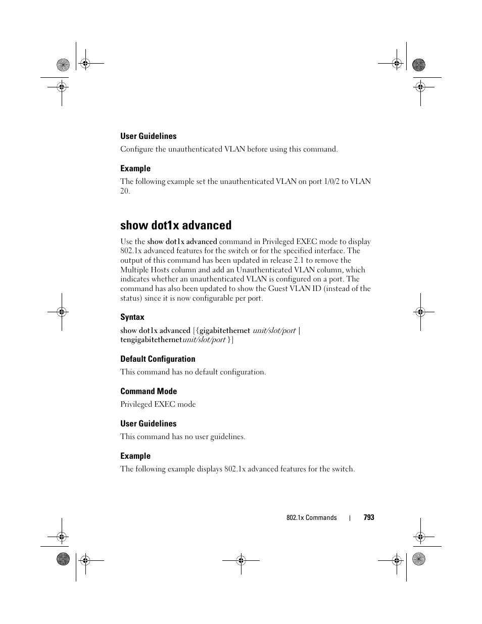 User guidelines, Example, Show dot1x advanced | Syntax, Default configuration, Command mode | Dell POWEREDGE M1000E User Manual | Page 793 / 1682