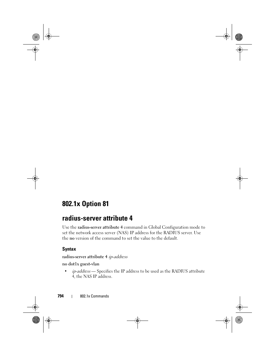 Radius-server attribute 4, Syntax, 1x option 81 | 1x option 81 radius-server attribute 4 | Dell POWEREDGE M1000E User Manual | Page 794 / 1682