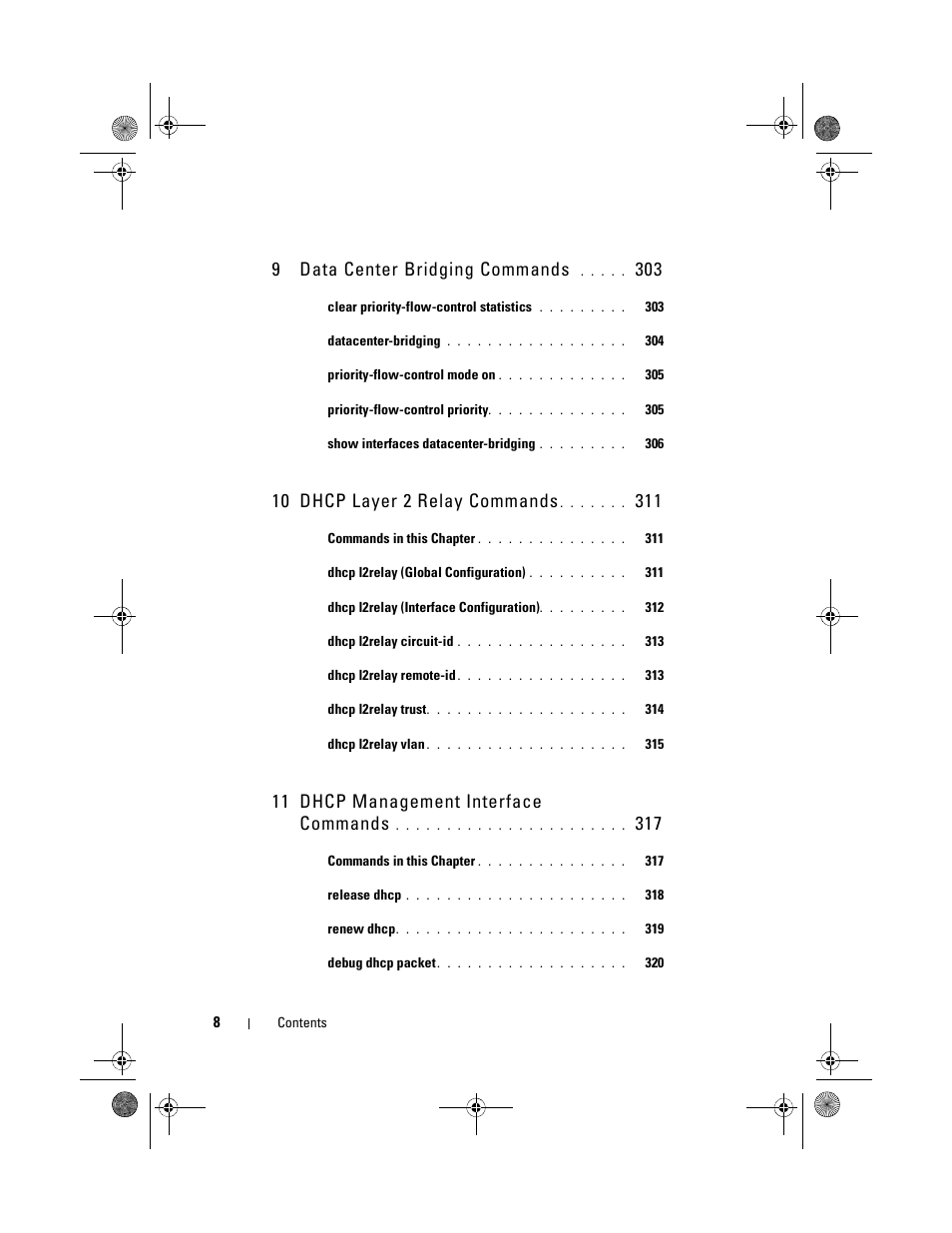 9 data center bridging commands, 10 dhcp layer 2 relay commands, 11 dhcp management interface commands | Dell POWEREDGE M1000E User Manual | Page 8 / 1682