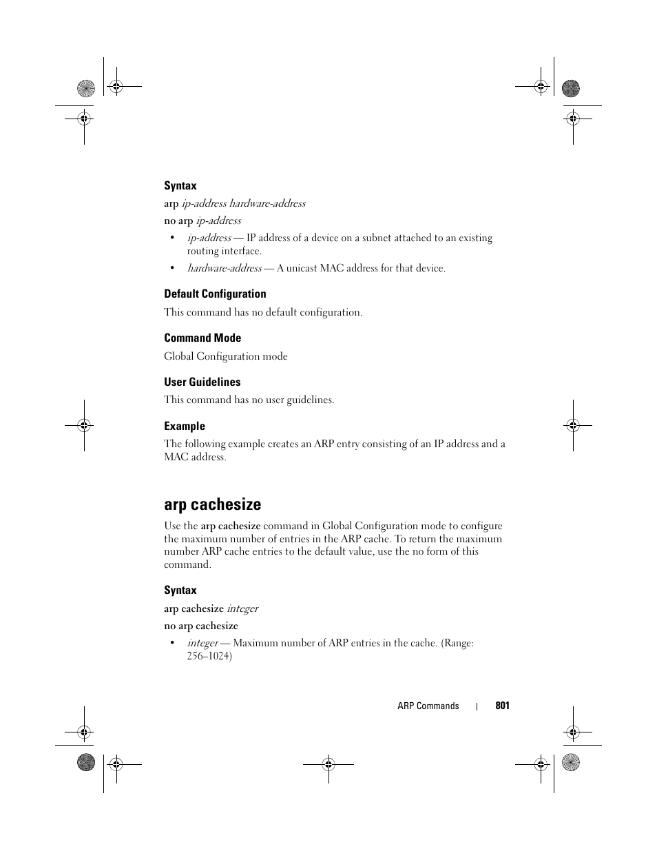 Syntax, Default configuration, Command mode | User guidelines, Example, Arp cachesize | Dell POWEREDGE M1000E User Manual | Page 801 / 1682