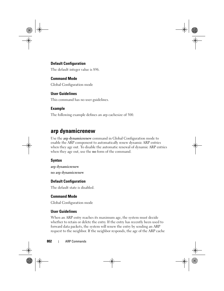 Default configuration, Command mode, User guidelines | Example, Arp dynamicrenew, Syntax | Dell POWEREDGE M1000E User Manual | Page 802 / 1682