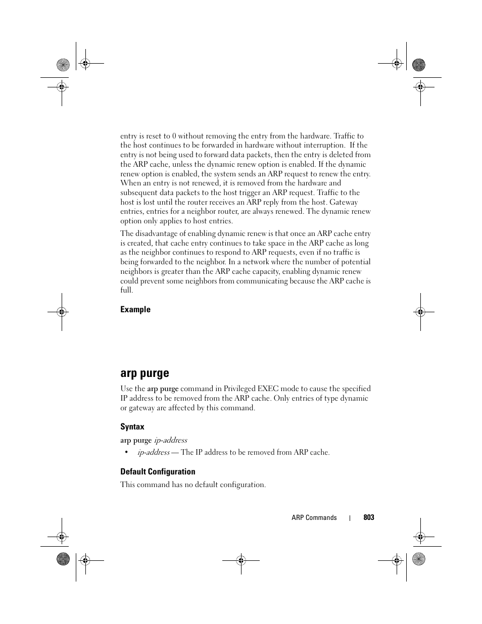 Example, Arp purge, Syntax | Default configuration | Dell POWEREDGE M1000E User Manual | Page 803 / 1682