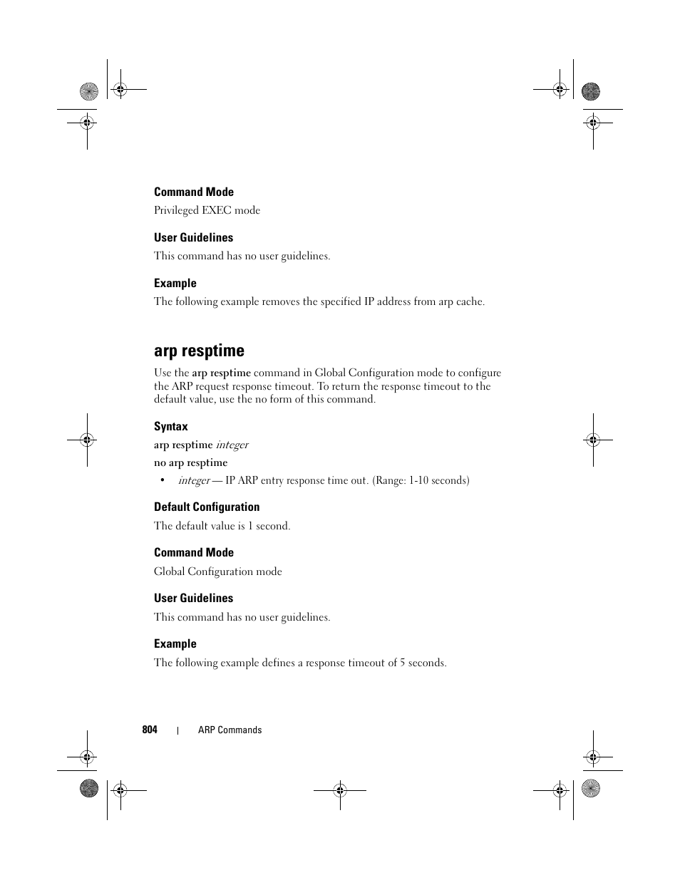 Command mode, User guidelines, Example | Arp resptime, Syntax, Default configuration | Dell POWEREDGE M1000E User Manual | Page 804 / 1682